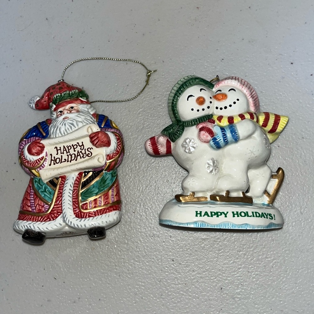 FITZ & FLOYD set of two Ceramic Christmas Ornaments  Santa and Friends Vintage